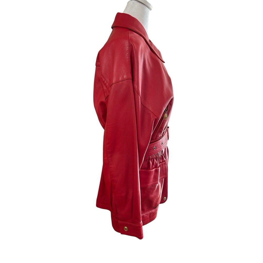 Margaret Godfrey Red Leather Belted Jacket Sz L**see pictures-stain on pocket - Picture 4 of 10